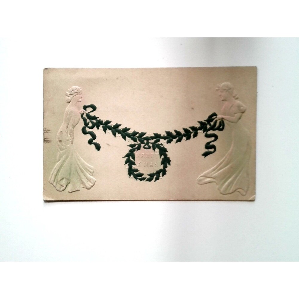 1907 Embossed Merry Xmas Postcard - Art Nouveau Angels Garland